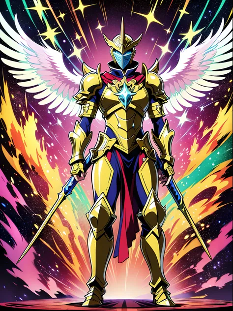 sentai ,, standing solo, weird, bizzare, angelic, divine, aura, celest, male, armor, knight, full body, psychedelic,