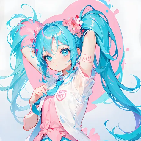 chica de cabello azul y rosa, dos coletas grandes, ojos cyan, camisa rosa con blanco, mano en v, hatsune miku, hermosa