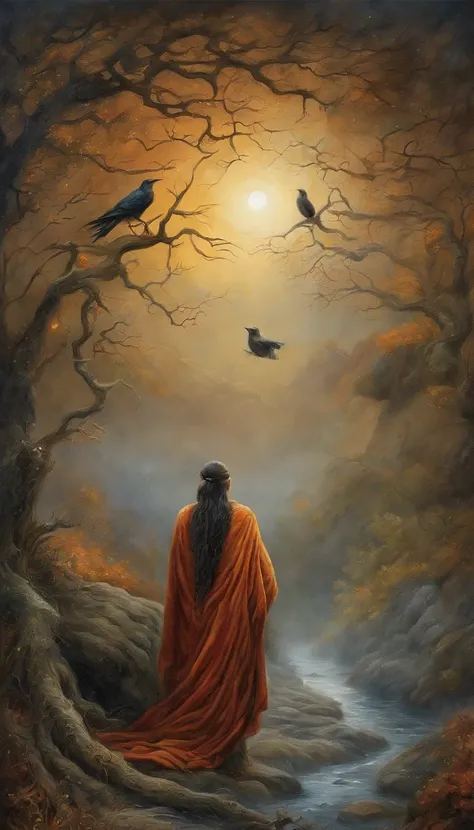 masterpiece, best quality, ultra-detailed, illustration, 1 Buddhist monk, solo, fantasy, flying, broom, night sky, outdoors, magic, spells, moon, stars, clouds, wind, cape, broomstick, glowing, mysterious, enchanting, whimsical, playful, adventurous, freed...