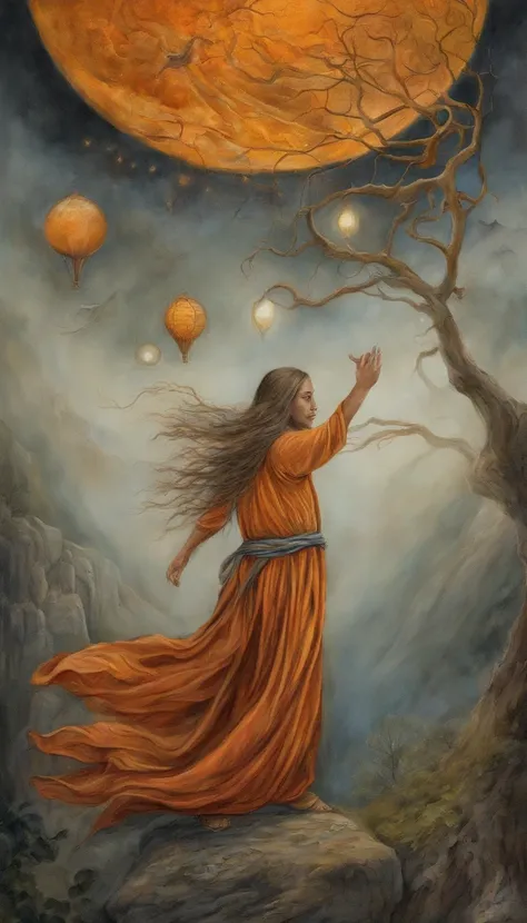 masterpiece, best quality, ultra-detailed, illustration, 1 Buddhist monk, solo, fantasy, flying, broom, night sky, outdoors, magic, spells, moon, stars, clouds, wind, cape, broomstick, glowing, mysterious, enchanting, whimsical, playful, adventurous, freed...