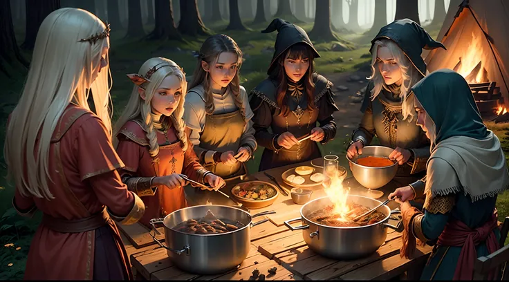 Fantasy Game, Character Skeletons wizards witches swordsmen archers mages astronauts elves beasts giants Fantasy suit, cooking by big Pot in Forest at Tent my Camp, Use Item magic and Ingredients for cooking, Art style.