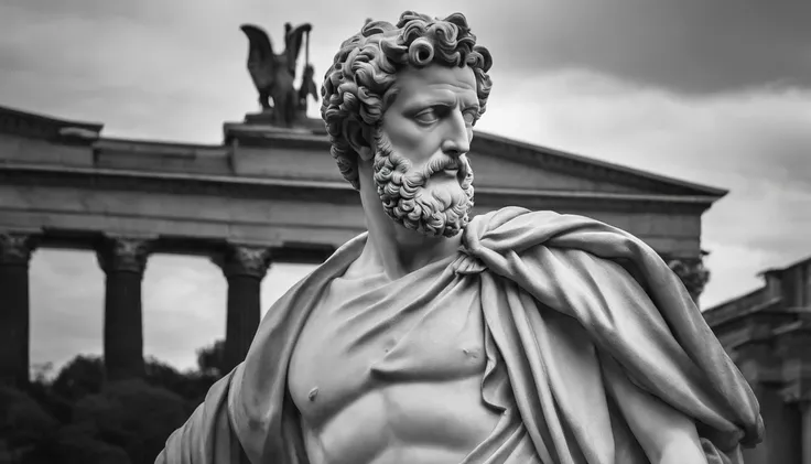 a statue of the stoic Marcus Aurelius in black and white 4K, papel de parede super realista, sem camisa, corpo forte,barriga forte, corpo todo,