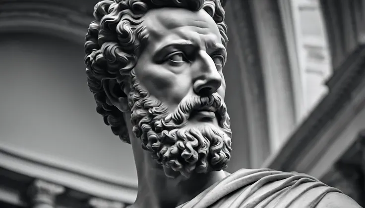 a statue of the stoic Marcus Aurelius in black and white 4K, papel de parede super realista, sem camisa, corpo forte,barriga forte, corpo todo,