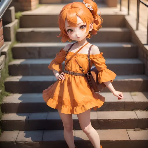 Cute Baby Chibi Anime、(((Chibi 3D))）（Best Quality）,（masutepiece）、Orange Sauvage Hair、(henna-brown jasper pattern off shoulder dress：1.5）、Put one hand on your hip、Stand with your legs open、Orange Heel、Orange shoulder bag、takeout、Long brick staircase、a small...