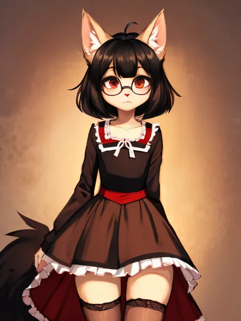 very skinny, tall, cat, (tan fur), fluffy tail, big fluffy tail, fluffy fur, long-sleeves, stockings, lolita fashion, 1girl, solo, female, black hair, short hair, straight hair with bangs, red eyes, blank stare, cowboy shot, big ears, by zackary911, (coffe...