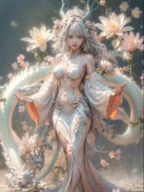 （Blind box toy style：1.2），（fully body photo），1个Giant Breast Girl，Accurate and perfect Japanese female face，The body of the golden ratio，Mechanical limb，Mechanical torso，Made of shiny white and silver translucent glass and titanium， Delicate lace dress, joy...