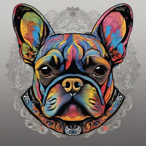 t-shirt art, 2D, ((black background: 1, 5)), vector, vivid colors, minimalist and simple silhouette, French bulldog tattoo, masterpiece, best quality, intricate details, perfect symmetrical face, realistic details, shading cinematographic