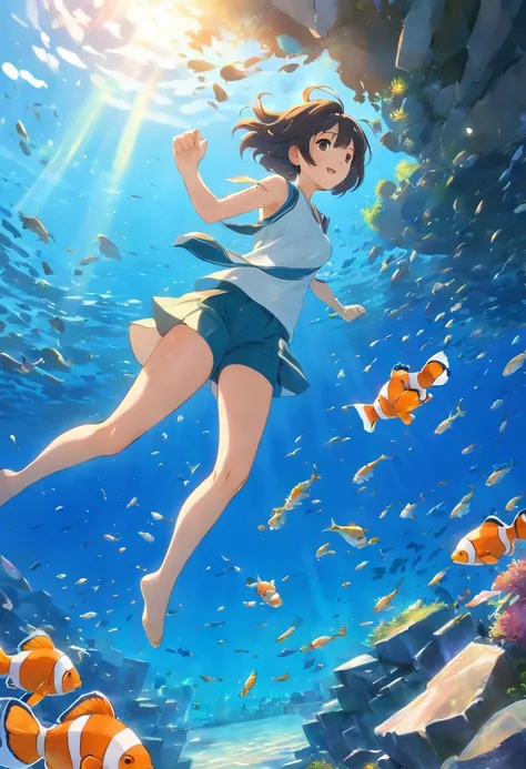 (best quality,ultra-detailed,realistic:1.37),deep blue underwater,swarming with a large school of clownfish gracefully swimming in the center,seaweed,rock formations,a sea turtle,anglerfish,and a diver.