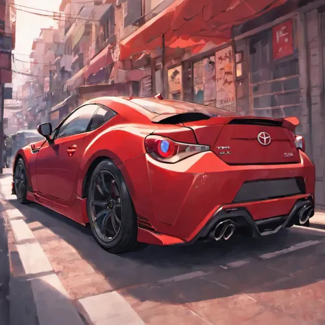 A real toyota scion FR-S，red car，Back Shadow，On the street，pedestrians，Detailed pubic hair，Authentic background