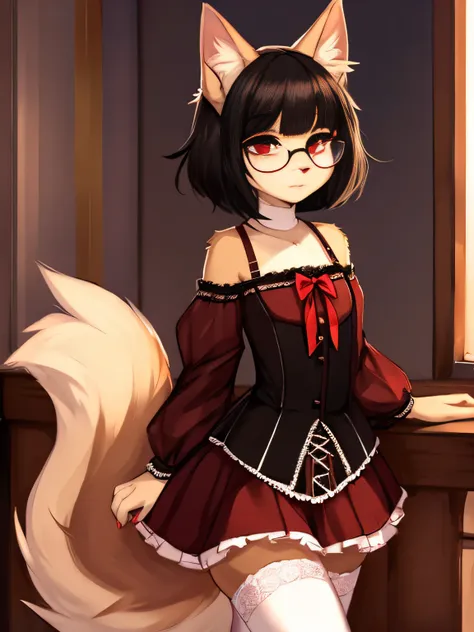 very skinny, tall, cat, (tan fur), fluffy tail, big fluffy tail, fluffy fur, long-sleeves, stockings, lolita fashion, 1girl, solo, female, black hair, short hair, straight hair with bangs, red eyes, blank stare, cowboy shot, big ears, by zackary911, (coffe...