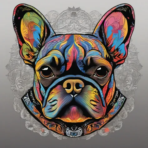 t-shirt art, 2D, ((black background: 1, 5)), vector, vivid colors, minimalist and simple silhouette, French bulldog tattoo, masterpiece, best quality, intricate details, perfect symmetrical face, realistic details, shading cinematographic