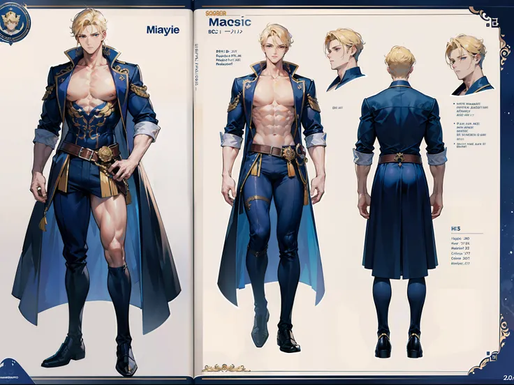 ((Masterpiece, Highest quality)), Detailed face, character design sheet， full bodyesbian, Full of details, frontal body view, back body view, Highly detailed, Depth, Many parts, Muscle boy with blonde hair，handsome man, navy, commander, man tall, pectoral ...