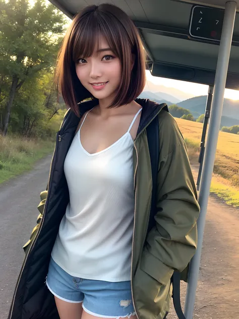 product quality, 1 girl, a cowboy shot, front view, a Japanese young pretty girl, bob hair, glamorous figure, wearing a parka over a satin yellow camisole, short pants, waiting for a bus alone at an old bus stop surrounded by mountains in countryside with ...