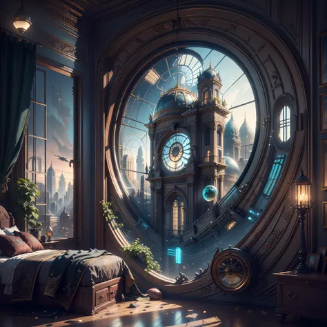 (((Generate an ornate bedroom in the style of Versailles with a big historical window.))) A hyperrealistic cyberpunk dreamscape cityscape is in the window. The cityscape is extremely detailed with many lights and LED neon colors and buildings of many diffe...