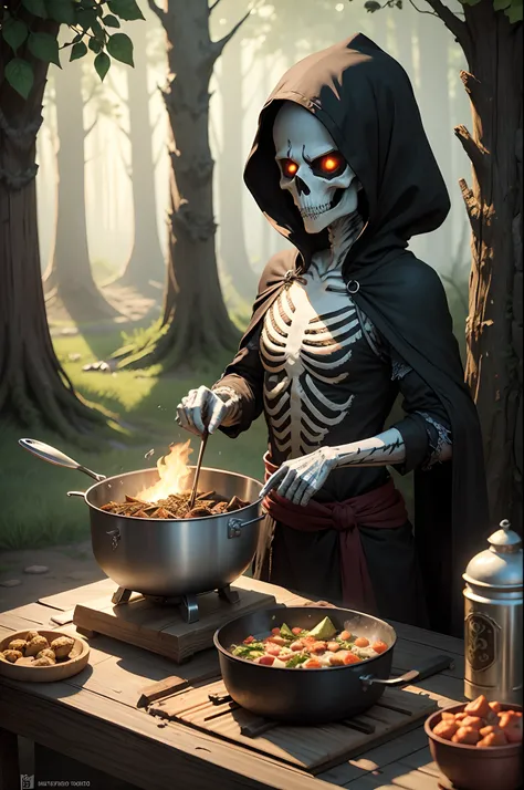 Fantasy Games, Character: Skeleton Fantasy series, Cooking by Big Pot in the Forest at Tent my Camp, Use magic items and ingredients to cook, art style.