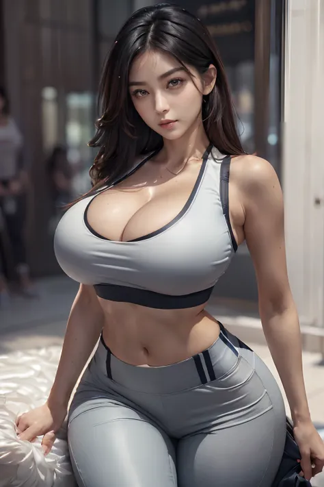 (1girll), ((Sports bra, Pants:1.3)), ((massive Breasts, spilled breasts, Rounded breasts:1.3)), ((Protruding cleavage breasts, large pelvic, Wide buttock, midriff, Narrow waist, curvy waist, coalescence:1.2)), ((Slim, Slimming the waist:1.3)), modern hairc...