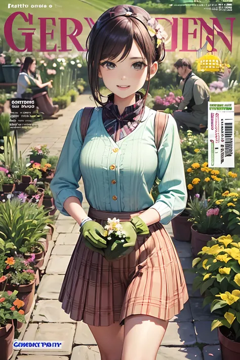 (Cover of a gardening magazine:1.4){{{{{masutepiece,Best Quality,ultra-detailliert}}}}},Happy laughter,1 woman,Beautiful eyes,Cute face,Flint jacket and gingham plaid shorts,Walking,holding flower bouquet,knee high socks