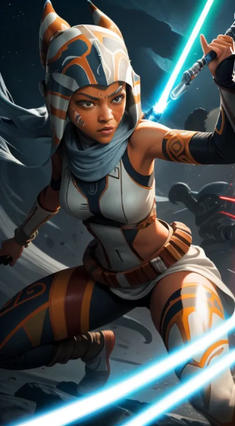 "Create a stunning illustration of Ahsoka Tano in action, with his characteristic white lightsaber and lekkus (tentacles) riding your Jedi prowess in an epic battle arena. Be sure to capture her essence and unique facial expression as she faces a challenge...