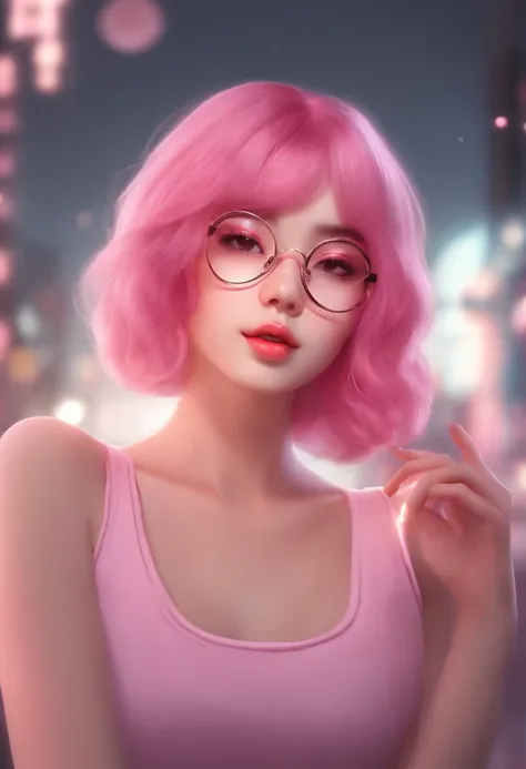 Close-up of a woman with pink hair wearing glasses, Guviz-style artwork, Guvez, Kawaii realistic portrait, Inspired by Makoto-kun, Glowing pink face, Pink girl, a beautiful anime portrait, Pink glasses, Glowing pink eyes, Realistic anime 3 D style, Yanjun ...