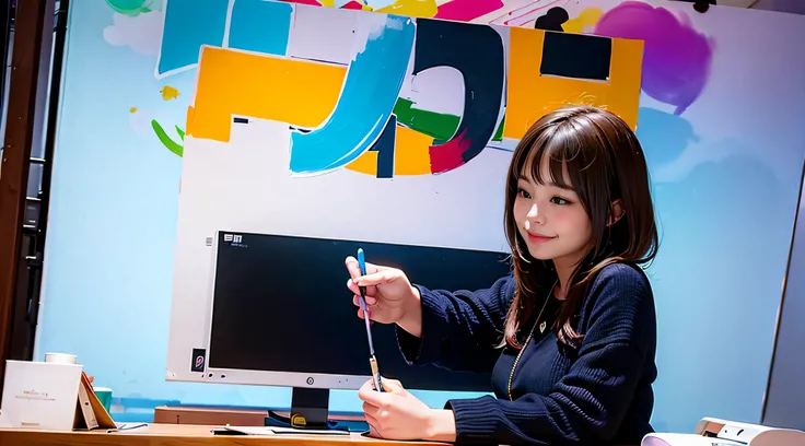 1 woman, desk, drawing a paint, big canvas, colorful