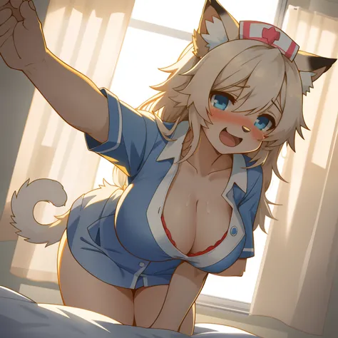 pov(super cute 1girl)Cowgirl position, Cat nurse reaching for me anxiously, Hospital room, White curtains, sunlight, window, nurses outfit, big breasts, cleavage(detailed beautiful face and eyes)absurdres, perfect anatomy(kemono, super cute 1girl, solo foc...