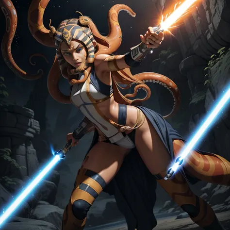 "Create a stunning illustration of Ahsoka Tano in action, with his characteristic white lightsaber and lekkus (tentacles) riding your Jedi prowess in an epic battle arena. Be sure to capture her essence and unique facial expression as she faces a challenge...