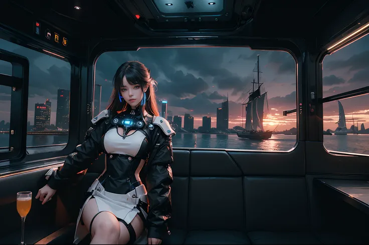 A beautiful artificial mechanical girl, android, working in a bar, black and white dressed. Futuristic decorated bar in a sailing ship terrace, colourful. View to a cyberpunk city. Highly detailed. Sunset, blue hour.