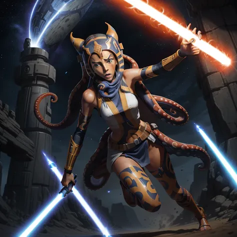 "create a stunning illustration of ahsoka tano in action, with his characteristic white lightsaber and lekkus (tentacles) riding...