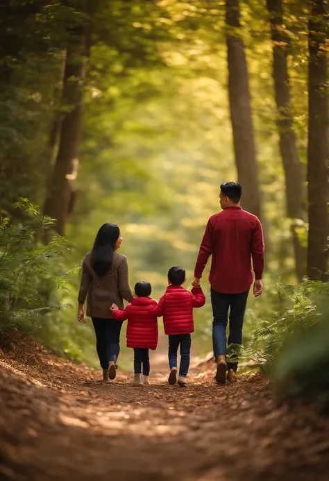 Create a realistic image of a chinese family walking in a forest. Use a Nikon D850 DSLR camera with a 85mm lens at F 1.2 aperture setting to blur the background and isolate the subjects. The forest should have tall trees and soft sunlight filtering through...