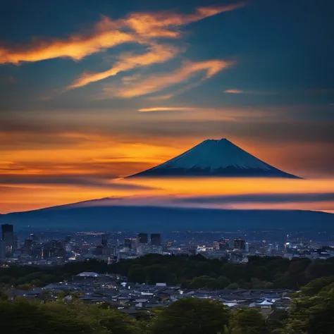 Master Parts、Superior Quality、superior image quality、The 8k quality、Beautiful pictures of the starry sky、magnifica、(Mt fuji:1.25)、dramatic cloud:1.5、evening glow:1.9