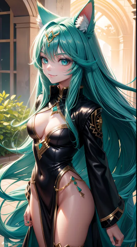 Young girl, long turquoise hair, cat ears, turquoise eyes, smile, black jacket, green tight dress, diadem, gold elements, She-Ra, Masterpiece, hiquality, 4k, HD, Good detail