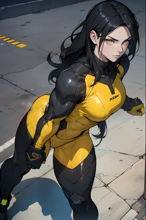 1 girl, black hair, yellow eyes, very long hair, pale skin, ((((extremely muscular)))), large breasts, curvy, concrete, shadow, dark atmosphere, (pilot suit)