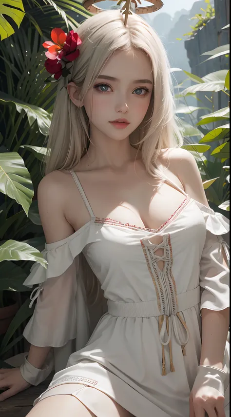 one-girl，Off-the-shoulder attire，The shoulder straps slip off，camisole，the original god，Paimon，Be red in the face，Close-up shot，sportrait，looks into camera，ssmile，White clothes，mediuml breasts，jungles，grassy fields，