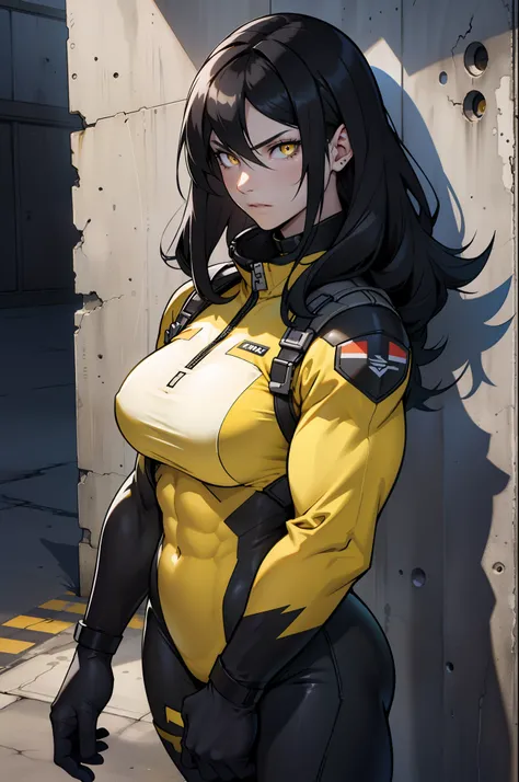 1 girl, black hair, yellow eyes, very long hair, pale skin, ((((extremely muscular)))), large breasts, curvy, concrete, shadow, dark atmosphere, (pilot suit)