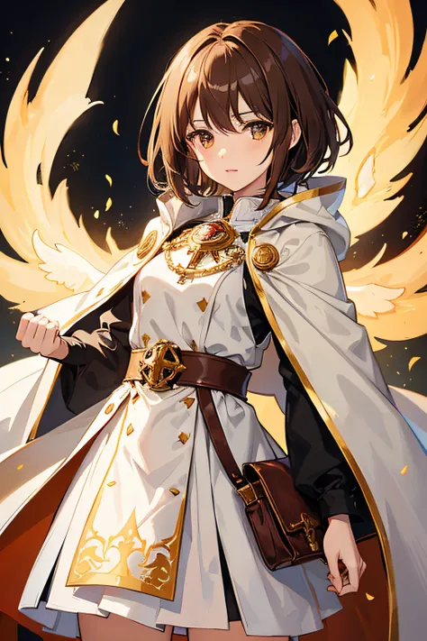 anime girl with short brown hair and a cream coloured cloak, female protagonist, female anime character, cleric girl, orange broach, brown and white blouse, shy face, dnd character, angel, fire powers.