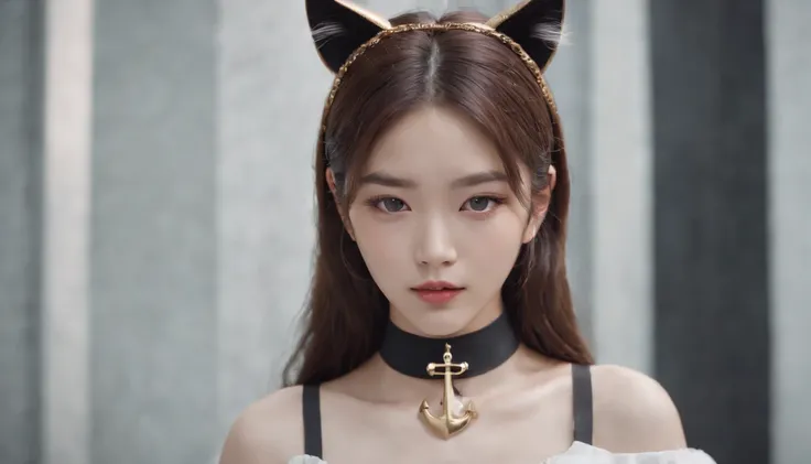 Korean girl, pupils in symbol shapes, Cat ears, anchor choker, entire body image, hair over shoulders, Perfect skin, ahegao, surrealism, Masterpiece