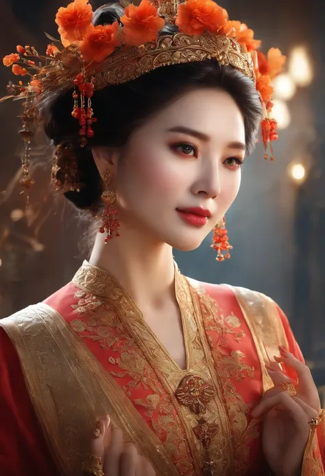 Best Picture Quality, Masterpiece Level, Ultra High Resolution, Realism, Fantasy Theme, Head Close-Up, A Girl, Single, Scatter, Chinese Architecture, Indoor, First-Person Perspective, Phoenix Headdress, Floral Dress, Get Detailed Interior Lighting and Cine...