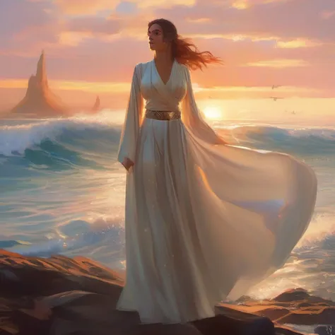 uma mulher em um vestido branco segurando um sabre de luz, Rei, Personagem de Star Wars, Jedi Feminino, Ross Tran 8 K, Alena Aenami e Artgerm, Artgerm Julie Bell Beeple, 8k arte impressionante, Lois Ross, epic digital art illustration, Arte Digital Star Wa...