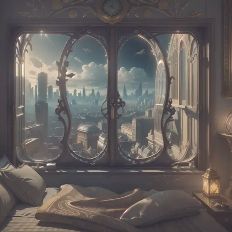 (((Generate an ornate bedroom in the style of Versailles with a big historical window.))) A hyperrealistic cyberpunk dreamscape cityscape is in the window. The cityscape is extremely detailed with many lights and LED neon colors and buildings of many diffe...