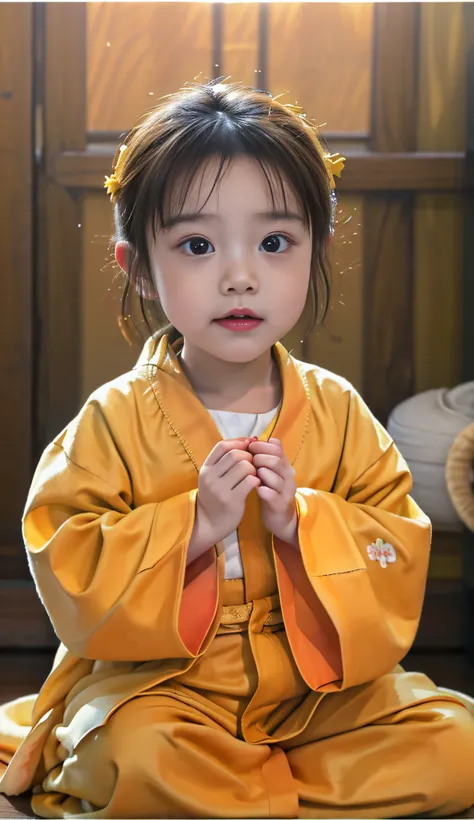 Close-up of a child in a yellow robe sitting on the floor, with yellow cloths, Yellow robe, dressed in simple robes, yellow robes, Japanese clothes, Chinese girl, Wearing wheat yellow gauze, Traditional Chinese clothing, orange robe, Young Asian girl, ambe...