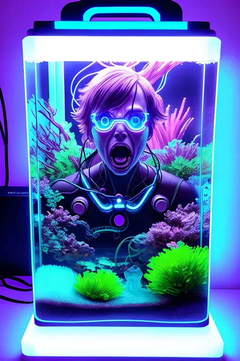 Neon glass aquarium with water and a screaming cyborg face ,realista ,4k, Fujifilm kinematics with electric wires,um gabinete com ventilador com luzes azuis