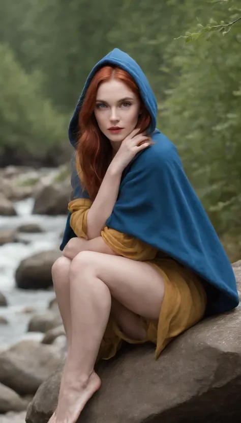 8K, Best quality, (Photorealistic:1.4), RAW photo, 1girll, Red hair, Animal ears, Blue hooded cape, ears sticking out, Pose: Sitting on the rocks of the forest river, Yellow eyes,  -