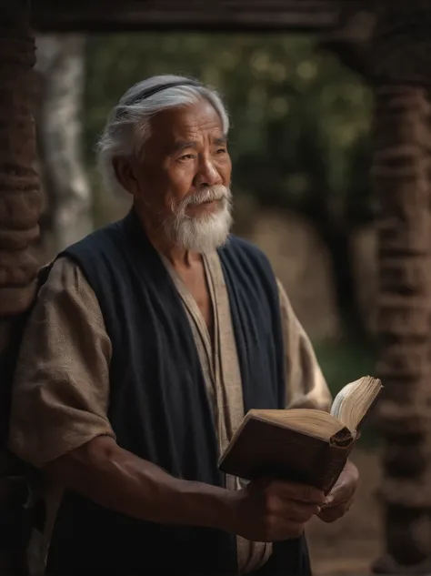 (Biblical times) On the left is an old man，Asian people，Holding a glowing book in his hand, To the right of the image is a terrifying demon (Biblical times) depth of fields, Bokeh, hentail realism, Fotorrealista, ultra-realistic realism, professional photo...