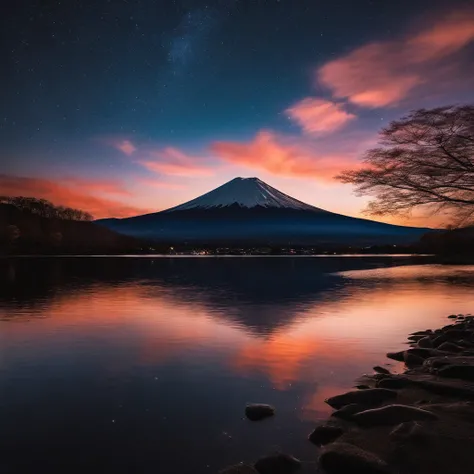 Master Parts、Superior Quality、superior image quality、The 8k quality、Beautiful pictures of the starry sky、magnifica、(Mt fuji:1.25)、dramatic cloud:1.5、Evening glow:1.9、Lenticular clouds:1.9