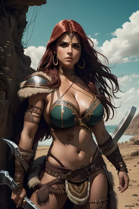 mulher arafed com espada e armadura sentada em uma rocha, barbarian warrior woman, very beautiful female barbarian, barbarian wo...