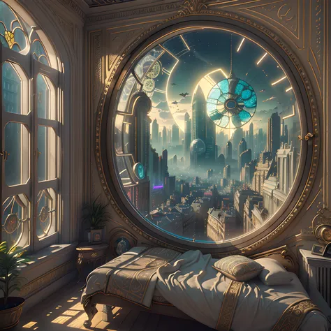 (((Generate an ornate bedroom in the style of Versailles with a big historical window.))) A hyperrealistic cyberpunk dreamscape cityscape is in the window. The cityscape is extremely detailed with many lights and LED neon colors and buildings of many diffe...