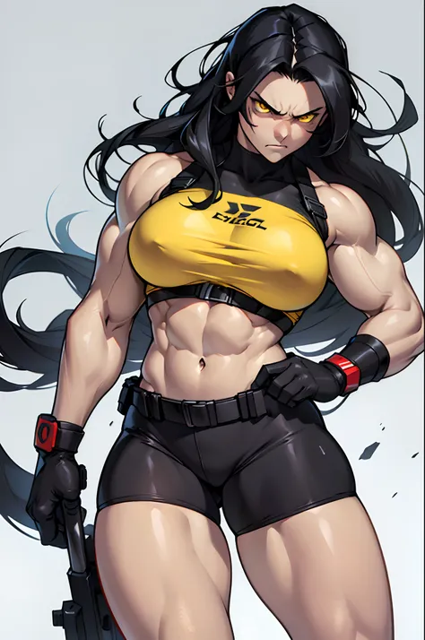 ((muscular, thick thighs, large breasts, angry, 1 girl, black hair, yellow eyes, very long hair, pale skin, abs))