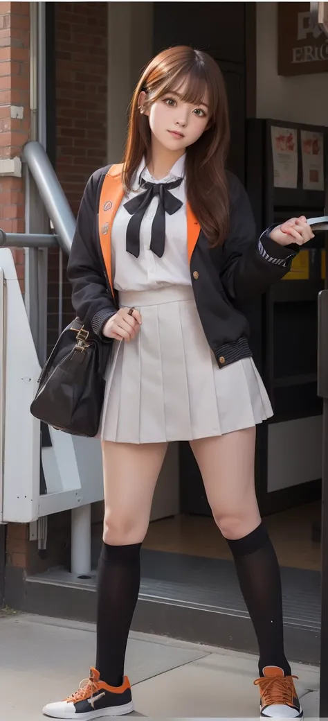 Black High Socks、High school girl idol、large full breasts、beautiful foot、Orange-brown hair shortcut、Very good style、、、School Uniforms（Orange Uniform Hoodie、a miniskirt）、black sock