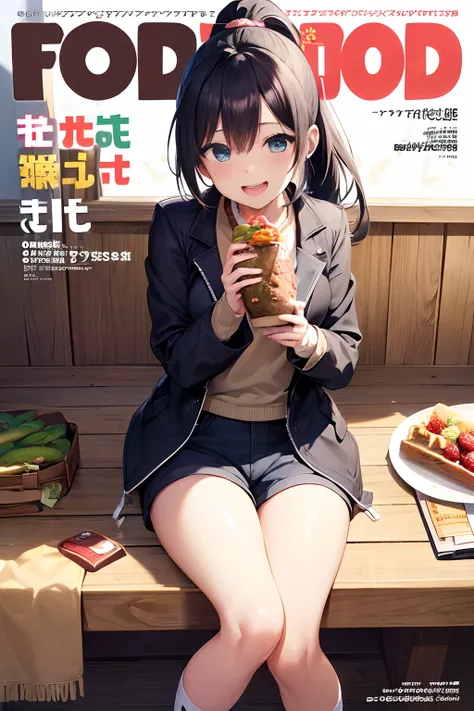 (Food magazine cover:1.4){{{{{masutepiece,Best Quality,ultra-detailliert}}}}},Happy laughter,1 woman,Beautiful eyes,Cute face,Beautiful ponytail hairstyle,Flint jacket and shorts,Sitting,Eat food,,knee high socks