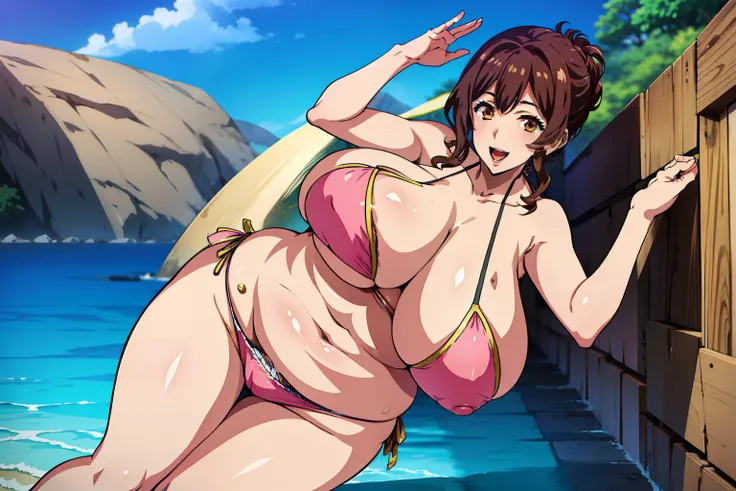 hightquality、Masterpiece、Official Art、milf,takeda hiromitsu style,torino_kazami,bikini,plump,milf,gigantic breasts,beach,happy smile,open mouth